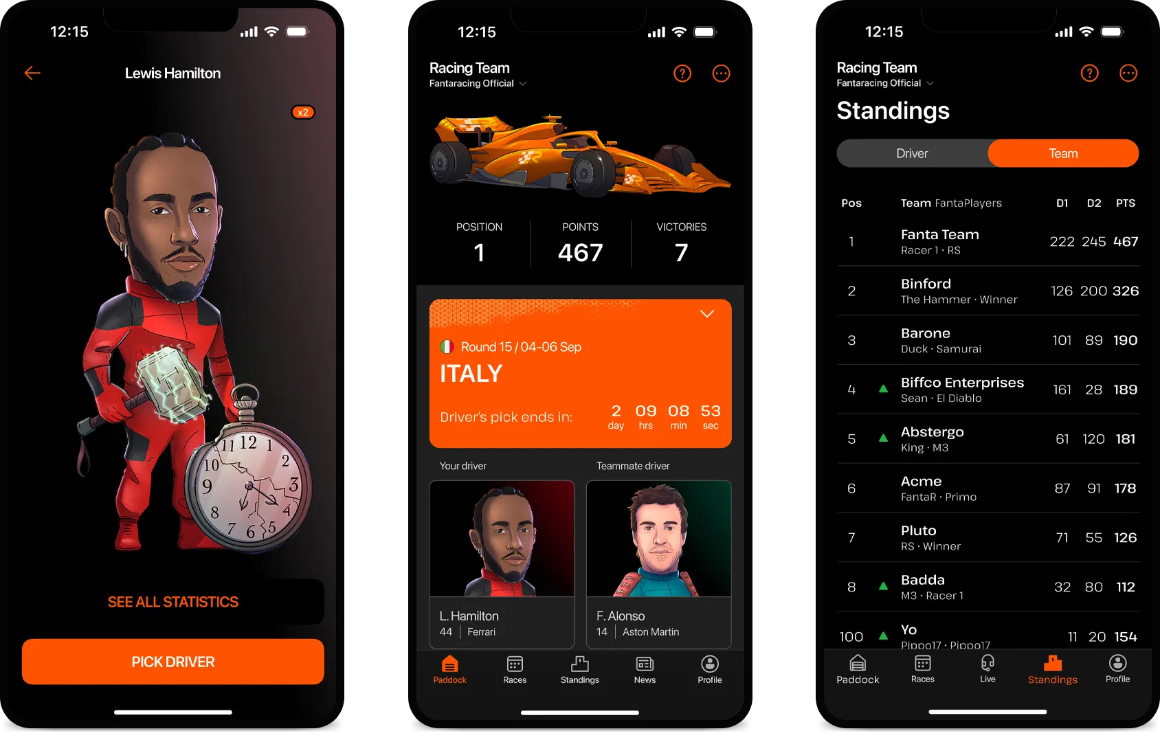 Profilo pilota, paddock del team e classifica a squadre nell'app Fantaracing