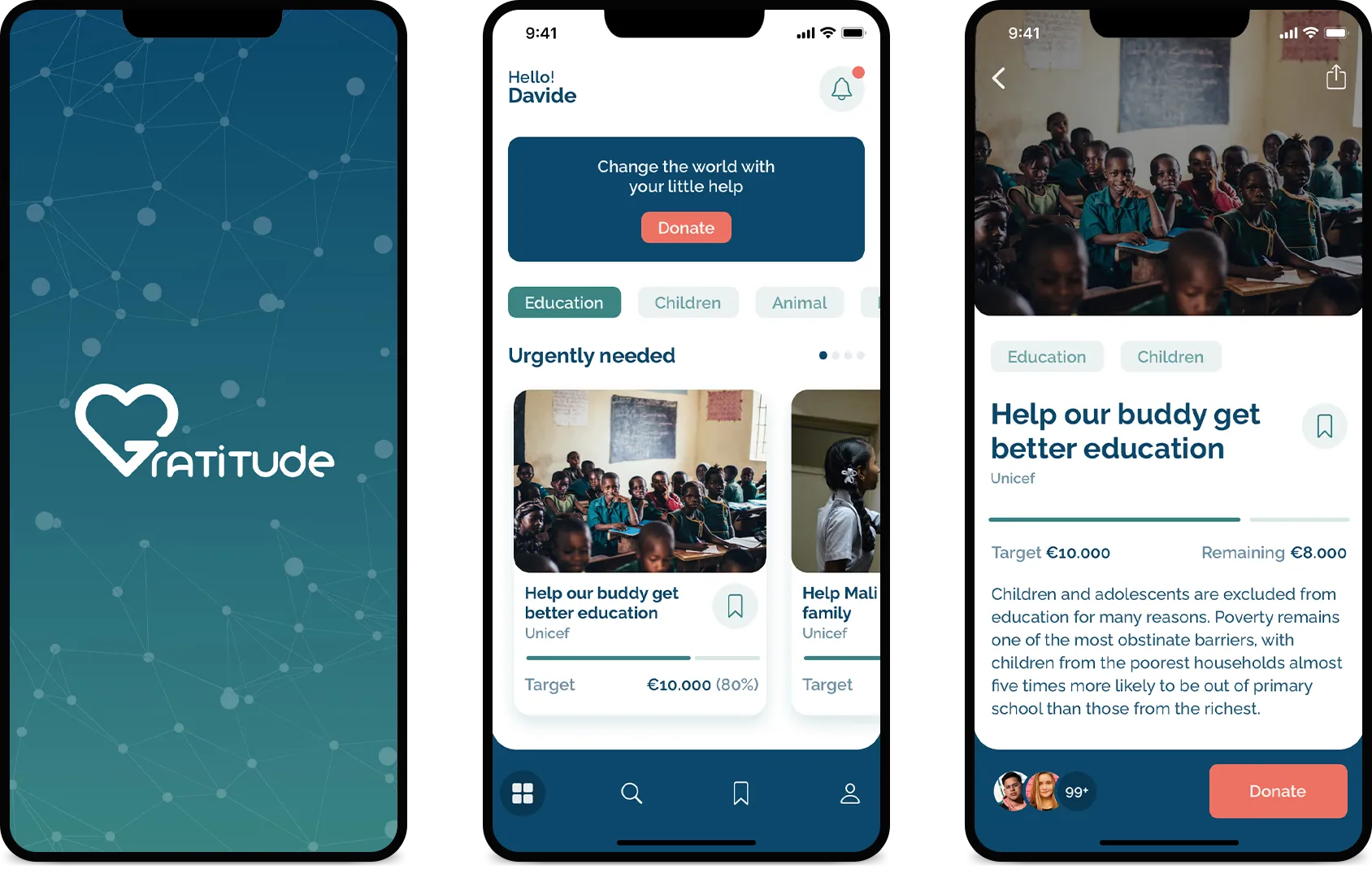 Splash screen dell'app Gratitude, home e dettaglio progetto