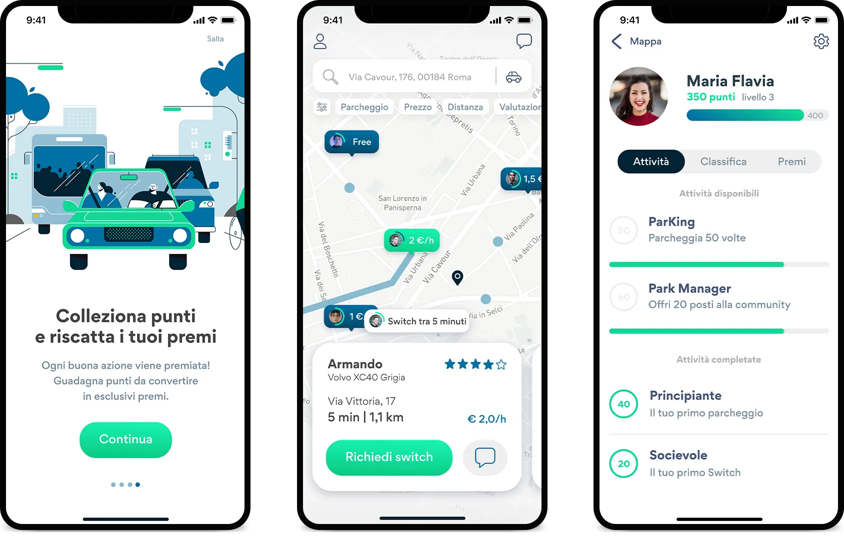 Tutorial dell'app Parkswitch, mappa dei parcheggi e profilo utente