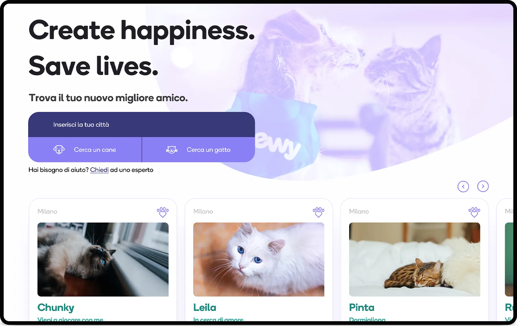 Homepage di Petsly con la ricerca degli animali